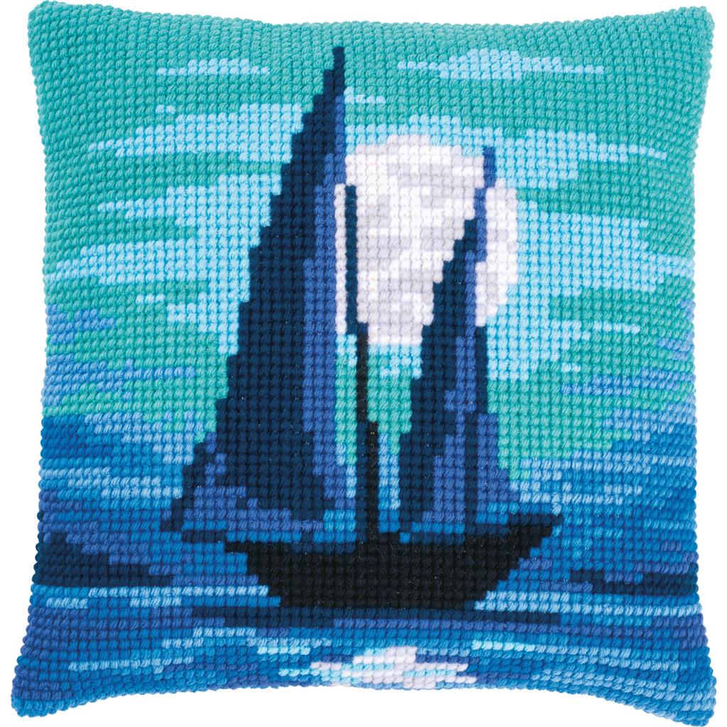 Cross stitch cushion kit Sailboat in blue moonlight