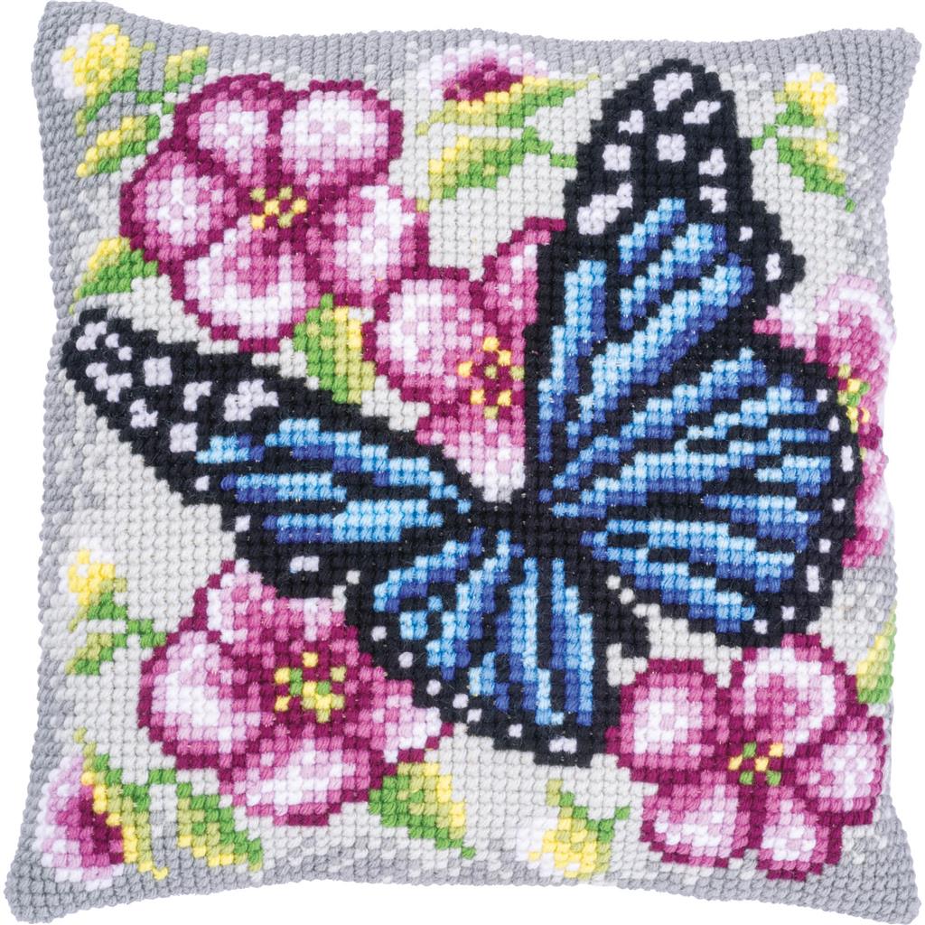 Cross stitch cushion kit Butterfly among flowers